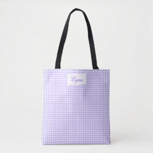 Tote Bag Classique Gingham Violet & Blanc Nom Personnalis