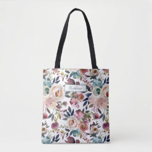 Tote Bag Classique Nommé Crème Bleu Rose Bleu Vert Floral
