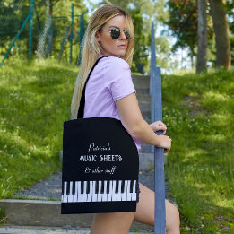Tote Bag Clavier de piano et texte personnalisable noir et