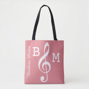 Tote Bag Clé G rose monogrammée pour elle / notes de musiqu
