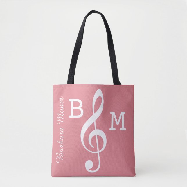 Tote Bag Clé G rose monogrammée pour elle / notes de musiqu (Devant)