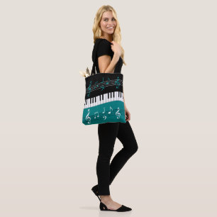 Tote Bag Clés et notes blanches noires turquoises élégan
