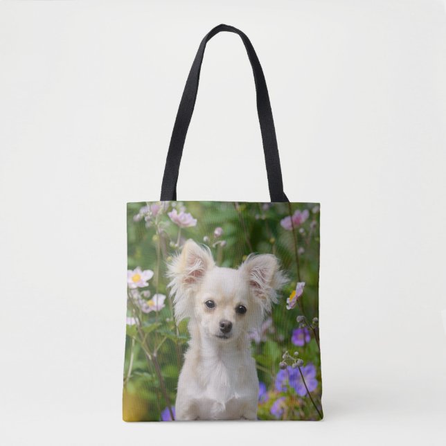 Tote Bag Client crème aux cheveux longs mignon de chiot de (Devant)