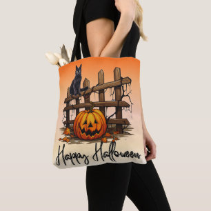 Tote Bag Clôture de chat noir Citrouille Orange Halloween