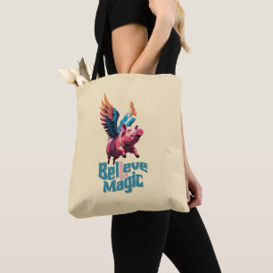 Tote Bag Cochon mignon avec ailes colorées   Croire en la m