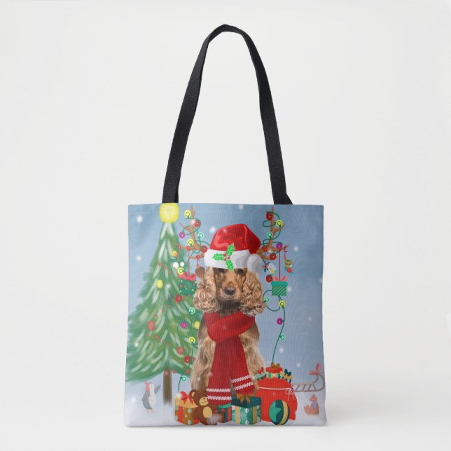 Tote Bag Cocker Spaniel Chien en neige avec cadeaux de Noël (Devant)