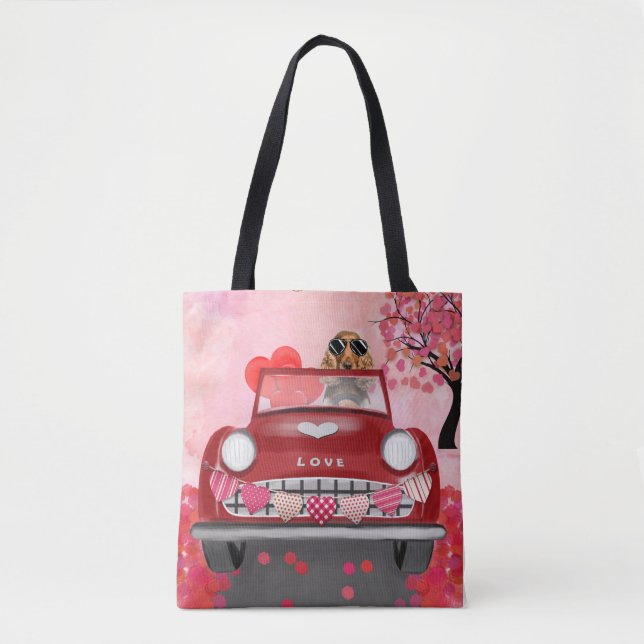 Tote Bag Cocker Spaniel voiture avec les coeurs Valentine's (Devant)