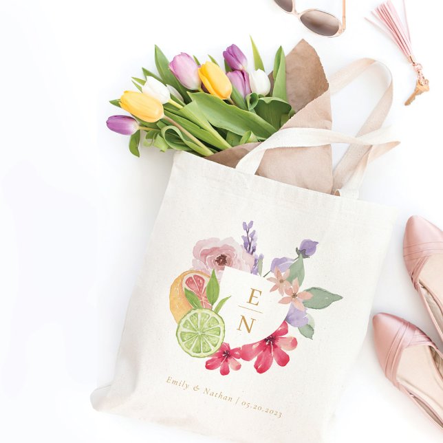 Tote Bag Cocktail Aquarelle Citrus Mariage Floral Monogramm (Créateur téléchargé)