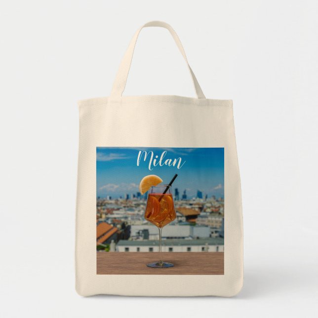 Tote Bag Cocktail Spritz sur une table avec vue sur Milan (Devant)