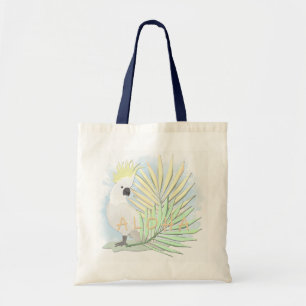 Tote Bag Coco de perroquet blanc en feuille de palmiers.