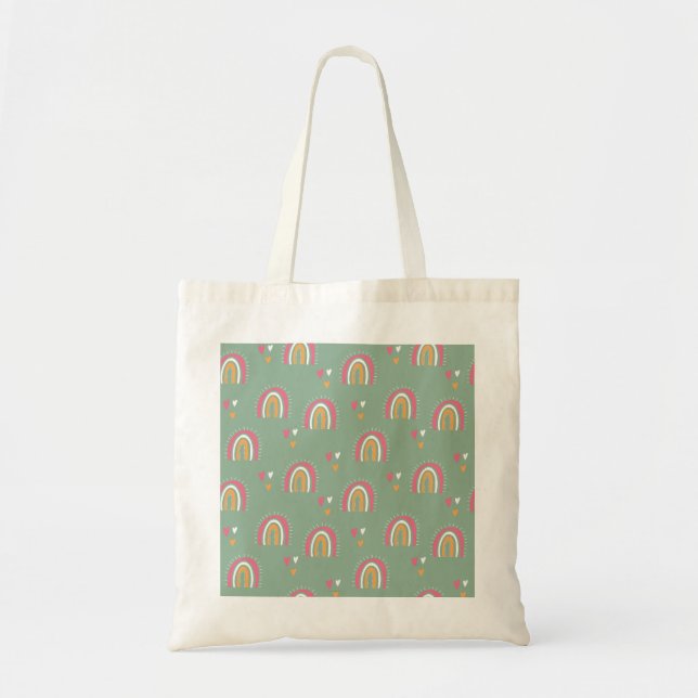 Tote Bag Coeur arc-en-ciel du Boho vert mignon (Devant)