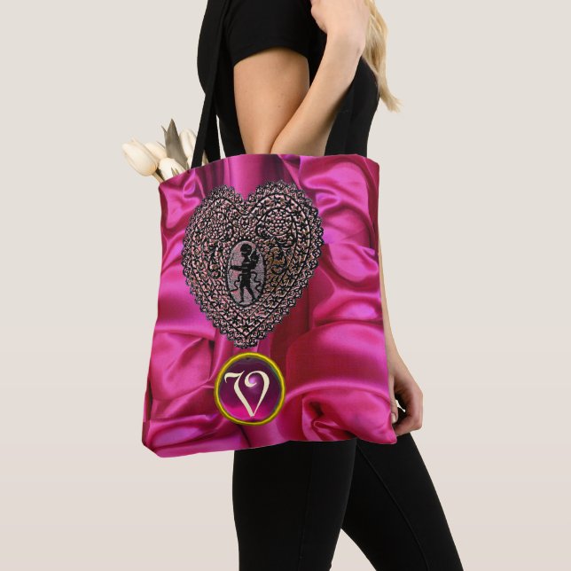 TOTE BAG CŒUR DE CUPIDON NOIR DENTELLE ROSE FUCHSIA GEM MON (De près)