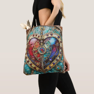 Tote Bag Cœur de verre teinté rouge et bleu Série Steampunk