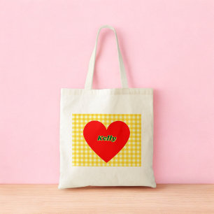 Tote Bag Coeur rouge Jaune En vichy Saint Valentin