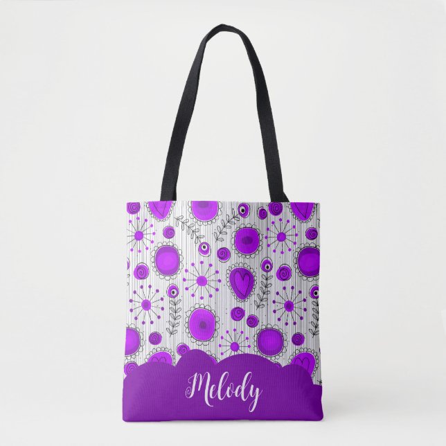 Tote Bag Coeurs blancs violet blanc Whimsical fleurs nom fl (Devant)