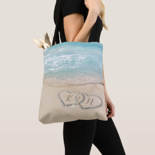 Tote Bag Cœurs dans le sable Monogramme Couple Plage