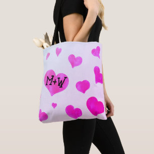 Tote Bag Coeurs d'aquarelle rose Personnalisé Nom de couple