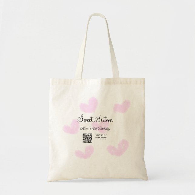 Tote Bag Coeurs d'aquarelle rose QR Sweet sixteen anniversa (Devant)