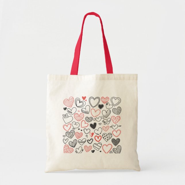 Tote Bag Coeurs de doodle Valentine rouge et noir hipster (Devant)