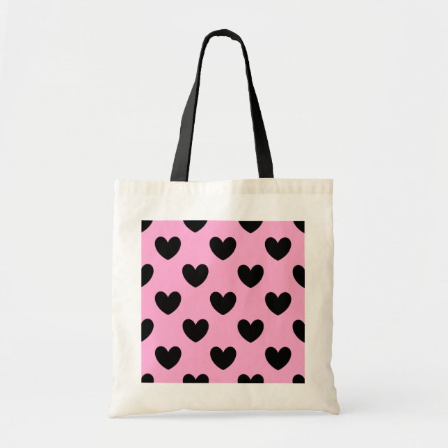 Tote Bag Coeurs de polka noir sur coton bonbon rose (Devant)