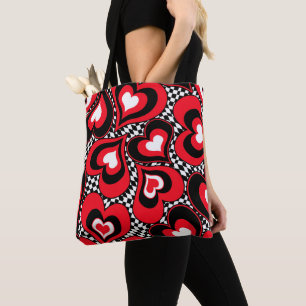 Tote Bag Coeurs, noirs, rouges et blancs.
