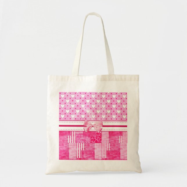 Tote Bag Coeurs roses et Pois mignon Bow et nom (Devant)