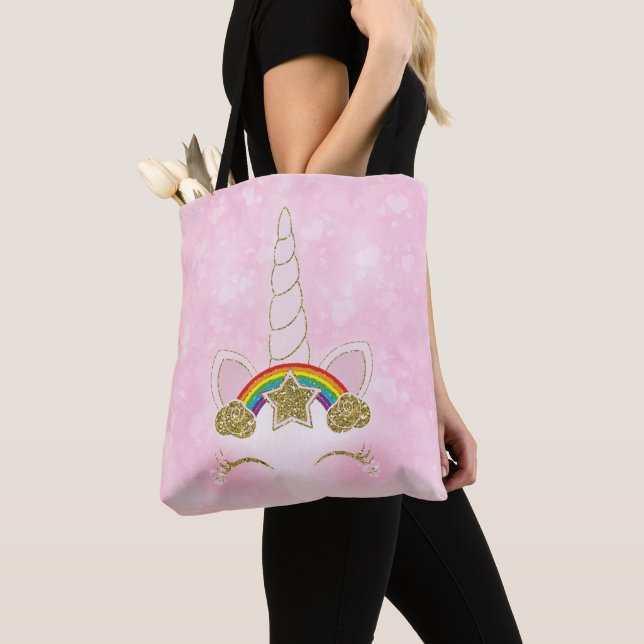 Tote Bag Coeurs roses Or arc-en-ciel étoile Unicorn Horn vi (De près)