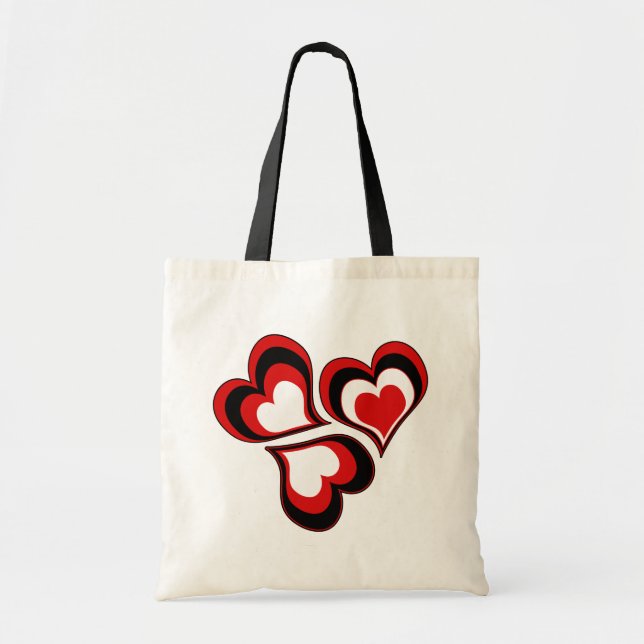 Tote Bag Coeurs, rouge, noir, blanc, Saint Valentin. (Devant)