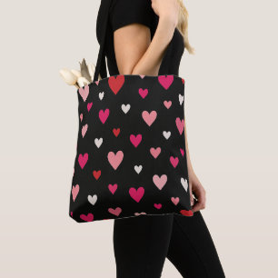Tote Bag Cœurs rouges, roses et blancs sur fond noir