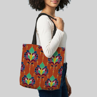 Tote Bag Cognac and Gold Art Deco Floral Ornament