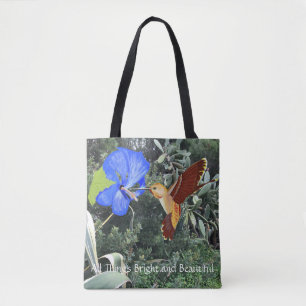 Tote Bag Colibri et Hibiscus bleu avec des plantes tropicau