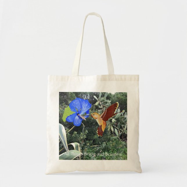 Tote Bag Colibri et Hibiscus bleu avec des plantes tropicau (Devant)