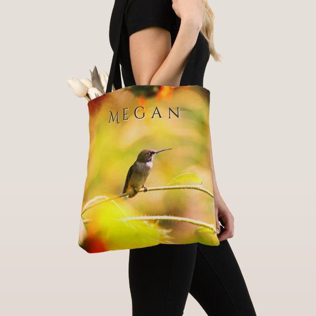 Tote Bag Colibri mignon sur tournesol Nom personnalisé (De près)