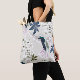 Tote Bag Colibris et fleurs blanches.