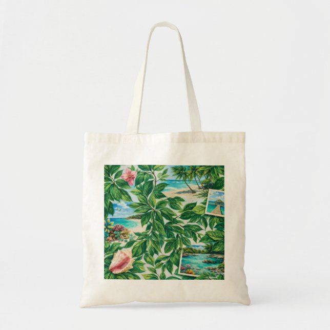 Tote Bag Collage botanique de la plage tropicale de Barbuda (Devant)