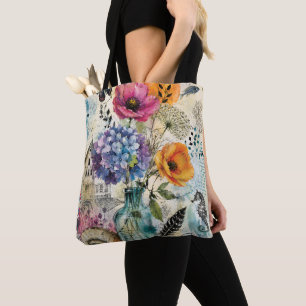 Tote Bag Collage d'art mixte botanique vibrant