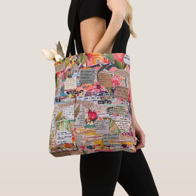 Tote Bag Collage de papier floral Mots d'inspiration (De près)
