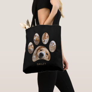 Tote Bag Collage photo avec empreinte de patte dorée et nom