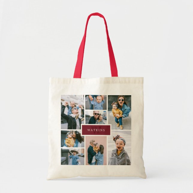 Tote Bag Collage photo famille simple Monogramme Bourgogne (Devant)