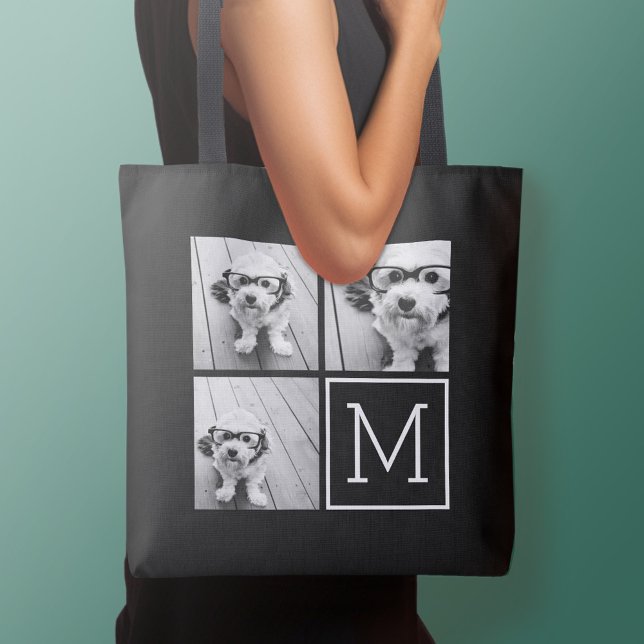 Tote Bag Collage photo noir et blanc 3 Monogramme personnal (Personalized tote bag - add your name or other text)