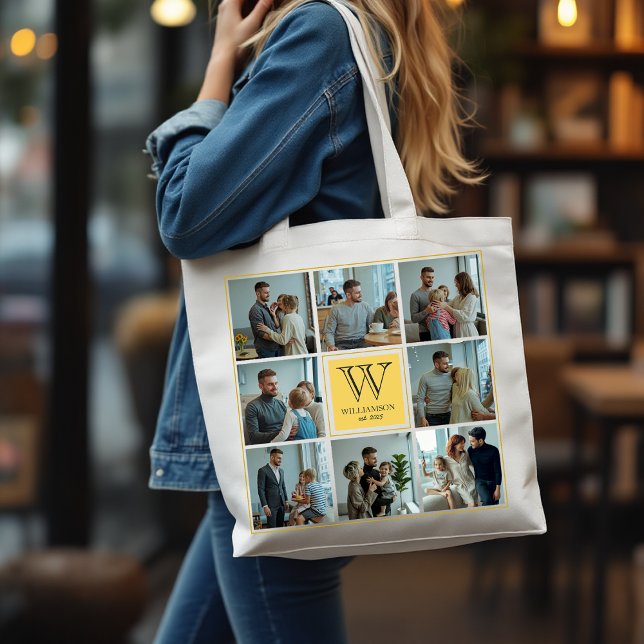 Tote Bag Collage photo personnalisé de famille monogramme p (Personalized Custom Monogram Family Photo Collage Tote Bag)