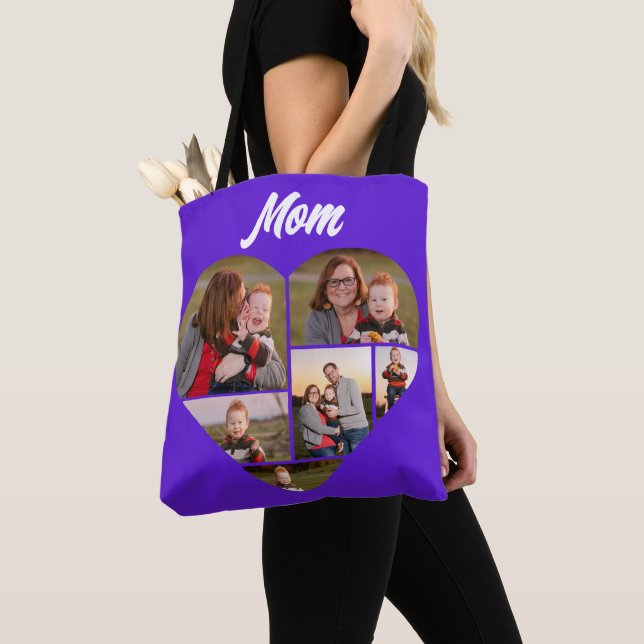 Tote Bag Collage photo personnalisé en forme de coeur viole (De près)
