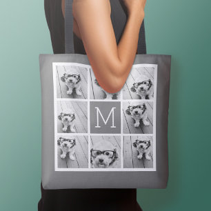 Tote Bag Collage photo personnalisé Monogramme Charbon Blan