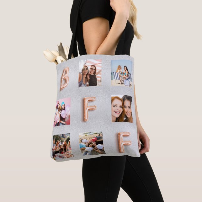 Tote Bag Collage photo rose argent ami (De près)