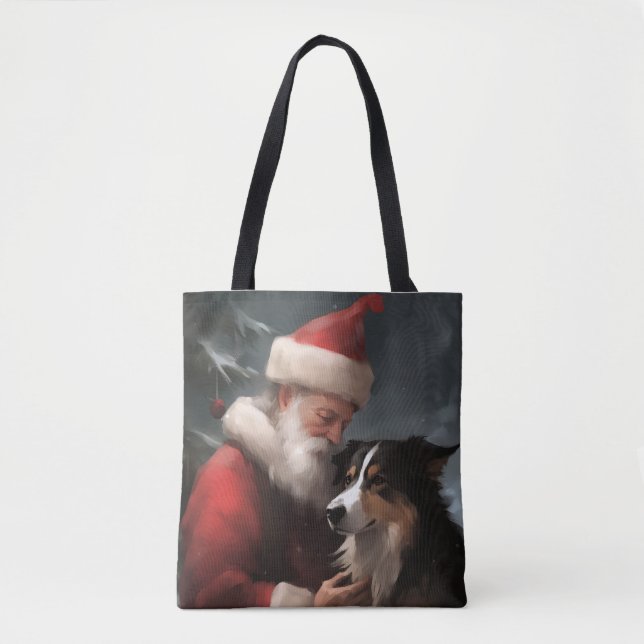 Tote Bag Collie frontalier avec Noël Festif du Père Noël (Devant)