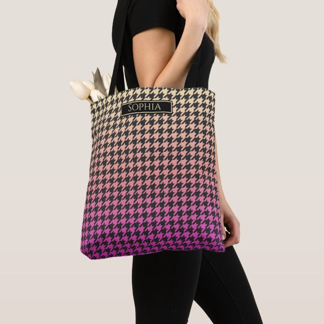 Tote Bag Coloré Houndstooth-rose à Jaune Gradient- (De près)