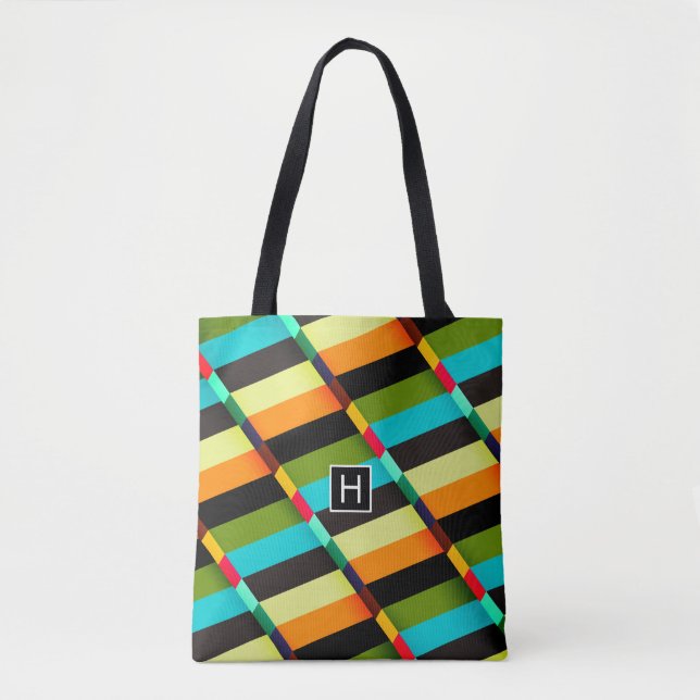 Tote Bag Coloré Moderne Rayures Abstraites & Monogramme (Devant)