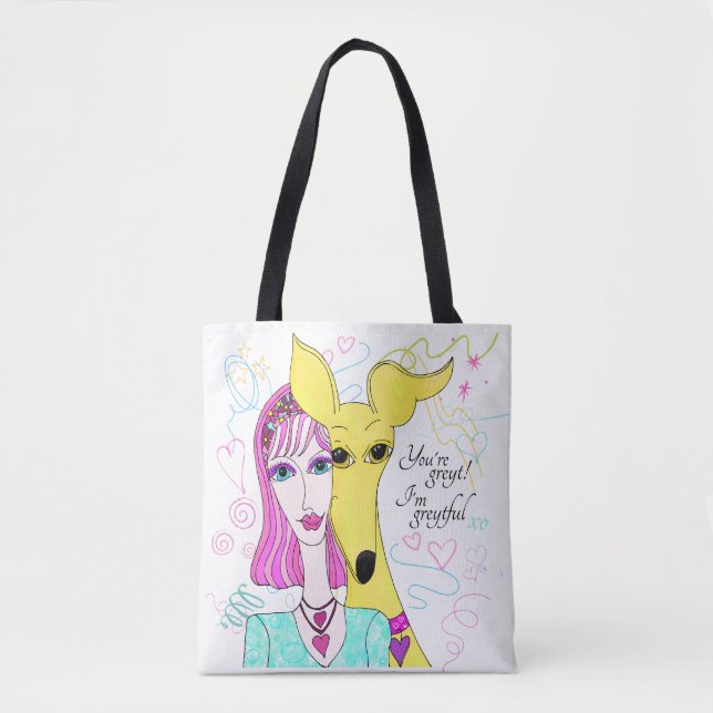 Tote Bag Coloré Whimsical Greyhound Dog et Lady (Devant)