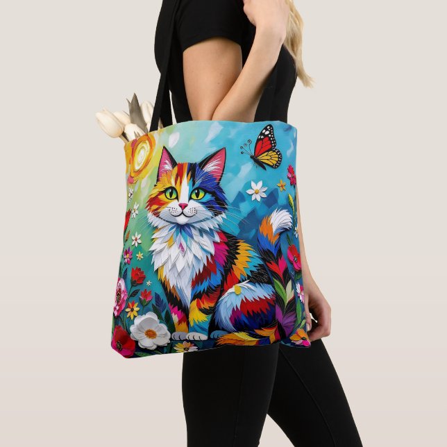 Tote Bag Colorful Cat and Butterfly (De près)