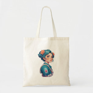 Tote Bag Colorful Girl Portrait with Flowers 